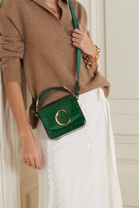 chloe c mini suede-trimmed croc-effect leather shoulder bag|chloe c handbags.